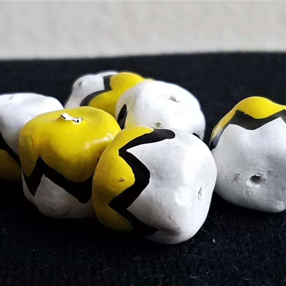 6 handpainted BEADS yellow white black papier mache lot last set!